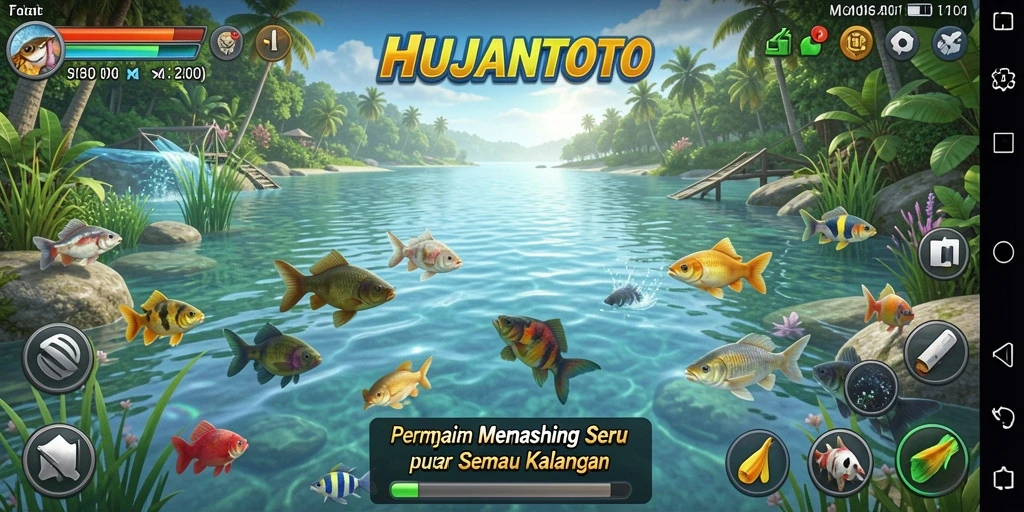 Tampilan utama gameplay HUJANTOTO dengan aksi memancing yang seru.