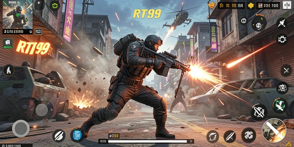 Screenshot gameplay RT99 menampilkan pertarungan yang intens dan grafis yang memukau.